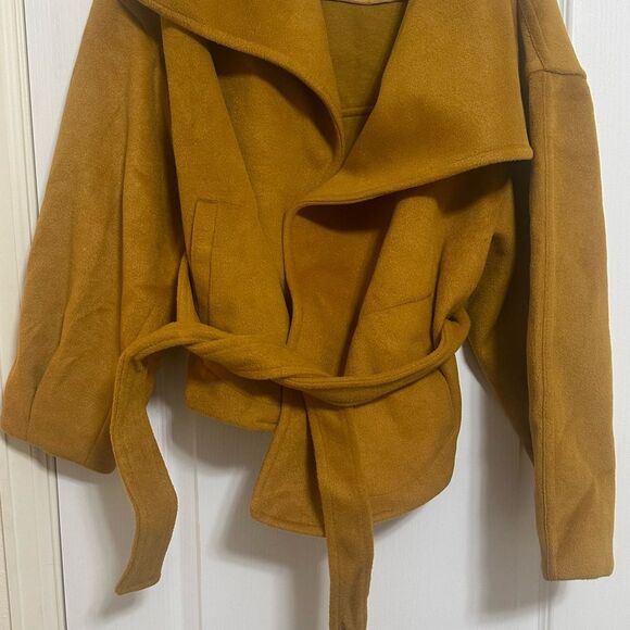 Free People Mina Jacket Oversized Waist Tie Wrap Front faux wool Yellow Orange M - Picture 5 of 7